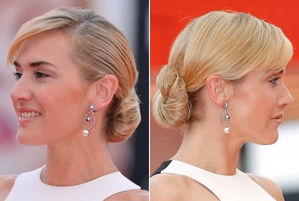 Kate Winslet cũng chọn kiểu tóc búi đơn giản khi cô tham gia sự kiện, búi tròn phía sau gáy rất hợp với mái tóc vàng óng ả tự nhiên của kiều nữ khả ái này.
