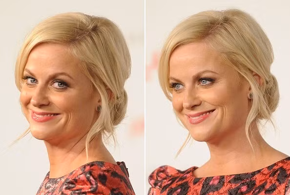 Amy Poehler chọn kiểu búi tóc thấp phía sau gáy và làm điệu với hai lọn tóc nhỏ xõa dọc khuôn mặt, nhưng kiểu tóc này không hợp với cô lắm, nó khiến Amy trông già hơn.