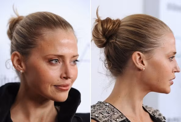 Estella Warren cũng chọn cách búi tóc giản dị để phù hợp khi xuất hiện với khuôn mặt gần như mộc hoàn toàn.
