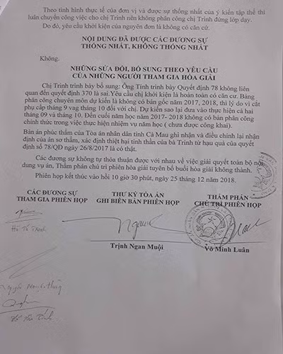 Trích biên bản hòa giải ngày 25/12/2018 tại Tòa án nhân dân huyện Trần Văn Thời, tỉnh Cà Mau (ảnh: P.L)