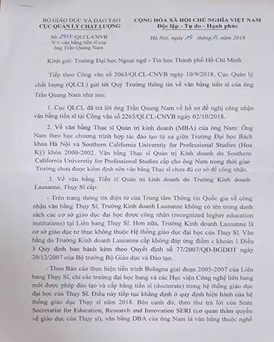 Văn bản trả lời bằng cấp của ông Trần Quang Nam từ Cục Quản lý chất lượng (ảnh: P.L) Văn bản trả lời bằng cấp của ông Trần Quang Nam từ Cục Quản lý chất lượng (ảnh: P.L)