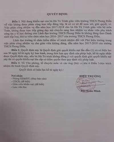 Trích kết luận 109, do Hiệu trưởng Trường Phong Điền ký ngày 21/11/2017 (ảnh: P.L)