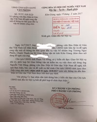 Văn bản 4080 của Văn phòng Ủy ban nhân dân tỉnh Kiên Giang gửi Báo Điện tử Giáo dục Việt Nam (ảnh: P.L)