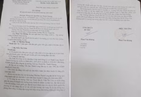 Tờ trình thầy Phan Văn Kháng - nguyên là hiệu trưởng trường tiểu học Thanh Hà nay đã nghỉ hưu gửi phòng giáo dục đào tao huyện Thanh Chương để bổ nhiệm nguồn nhân sự