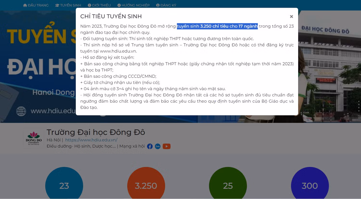 Ảnh chụp màn hình trên Cổng thông tin điện tử Trường Đại học Đông Đô.