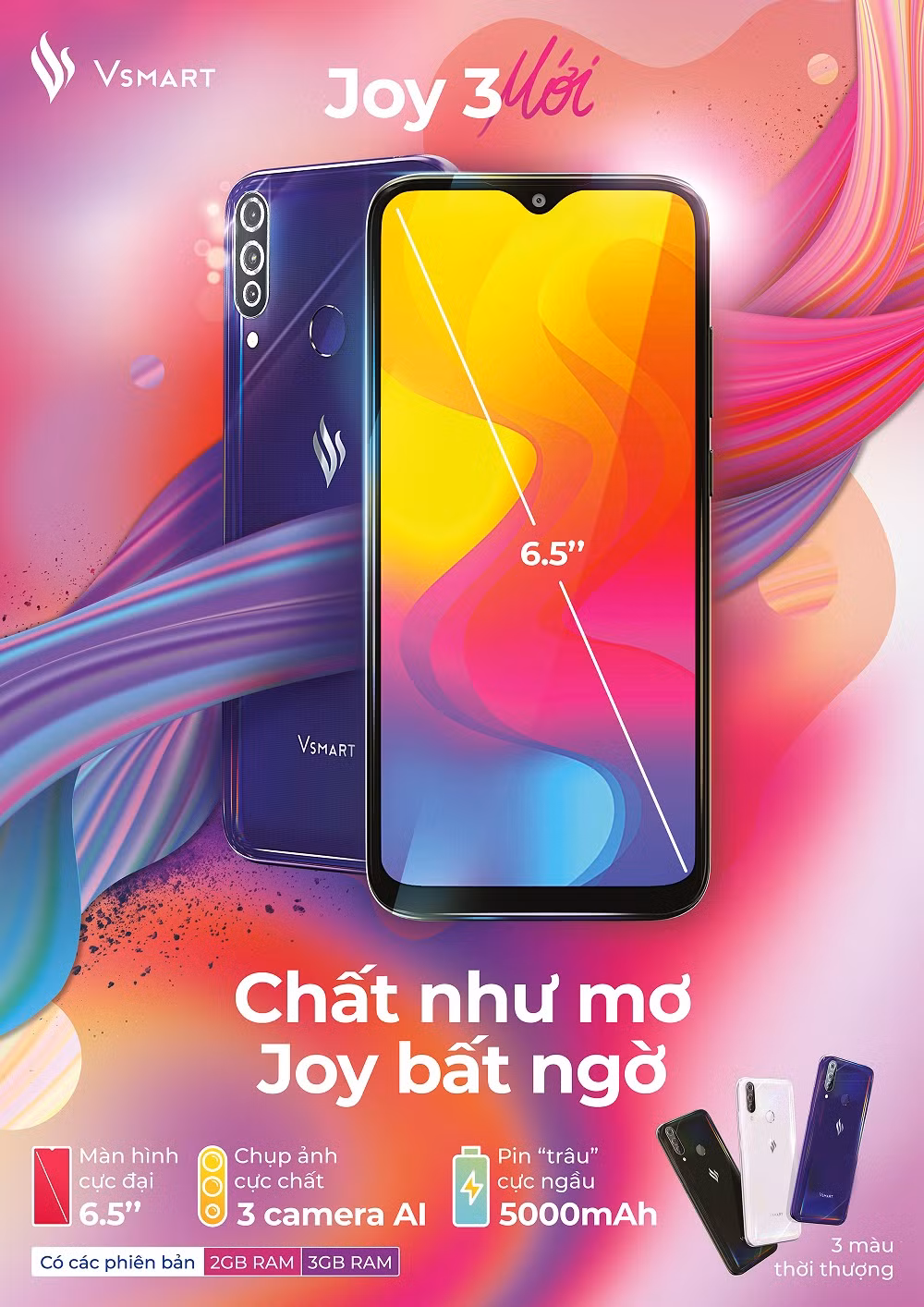 Trong 3 ngày đầu mở bán (14/2-16/2/2020), Vsmart Joy 3 sẽ được bán với mức giá đặc biệt chỉ từ 1.990.000 đồng cho phiên bản RAM 2GB. Trong 3 ngày đầu mở bán (14/2-16/2/2020), Vsmart Joy 3 sẽ được bán với mức giá đặc biệt chỉ từ 1.990.000 đồng cho phiên bản RAM 2GB.