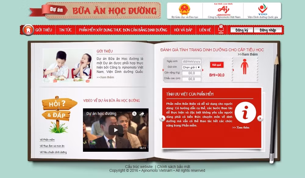 Giao diện website dự án Bữa ăn học đường, cung cấp miễn phí nhiều tính năng cho các trường tiểu học.