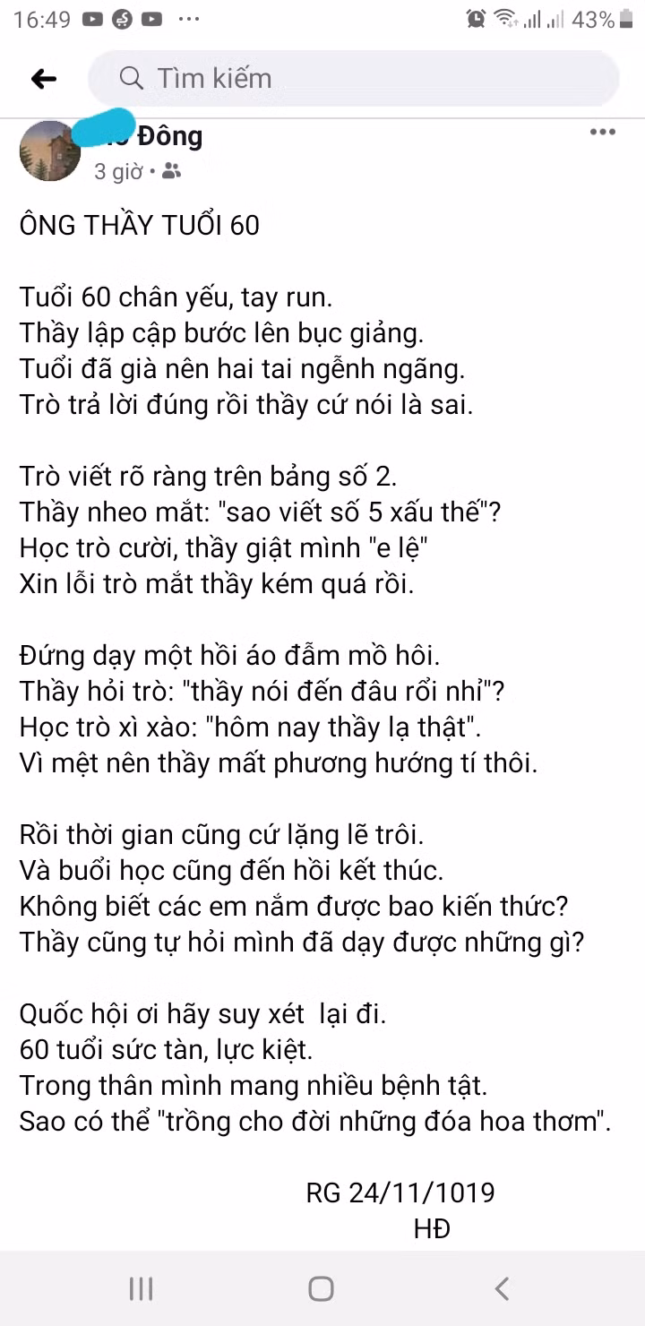 Ảnh chụp màn hình trang thái cảm xúc mạng xã hội của một thầy giáo