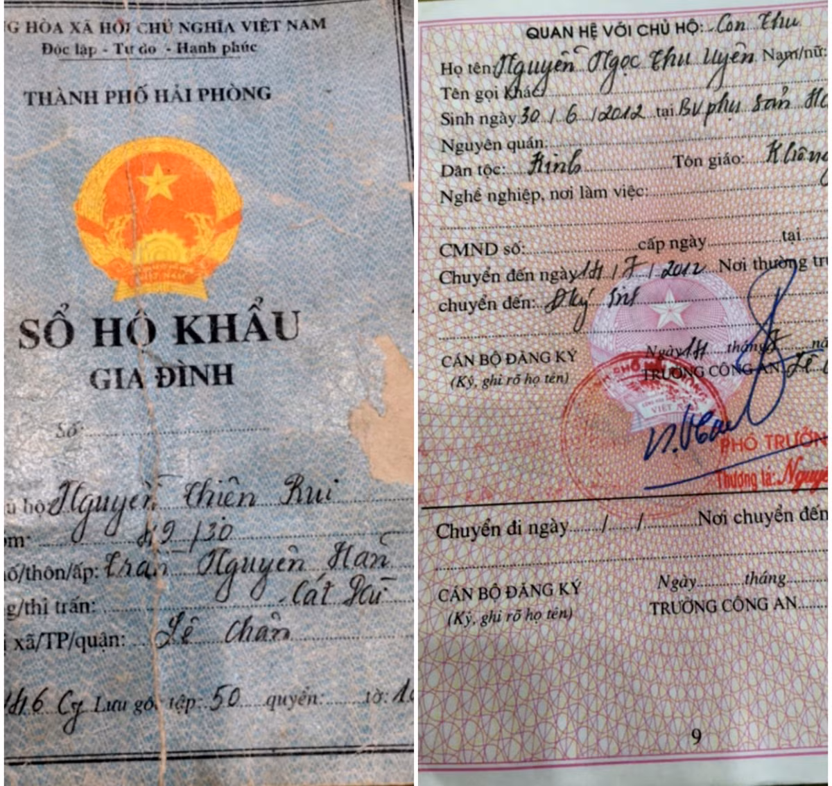 Hộ khẩu của gia đình chị Thu ở phường Cát Dài, quận Lê Chân, Hải Phòng (Ảnh: Lã Tiến) Hộ khẩu của gia đình chị Thu ở phường Cát Dài, quận Lê Chân, Hải Phòng (Ảnh: Lã Tiến)