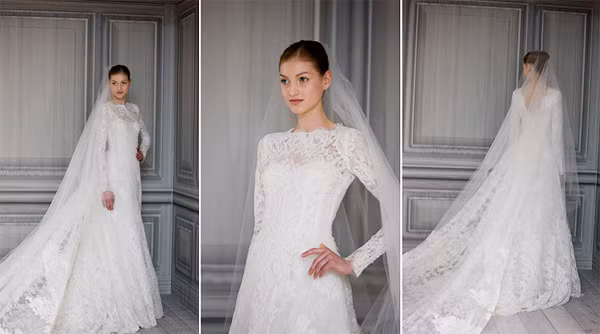Váy ren bồng bềnh của Hà Tăng có tên là Catherine, được hãng Lhuillier lấy cảm hứng từ váy cưới của công nương xứ Cambridge. Dự đoán trong một vài năm tới, những chiếc váy ren vẫn sẽ giữ được sự ưu ái của đa số các cô dâu trên thế giới nhờ sự kín đáo, sang trọng và lôi cuốn của nó.