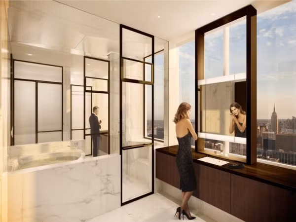 Phòng tắm cũng được thiết kế đặc biệt với những buồng nhỏ riêng biệt, từ sàn cho đến bồn tắm đều được làm từ đá cẩm thạch trắng vô cùng xa xỉ.
