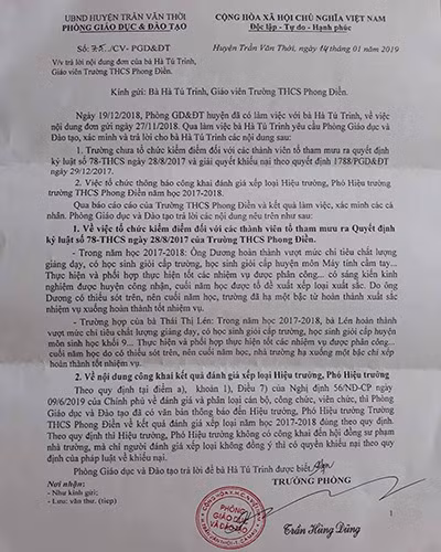 Văn bản trả lời bà Trinh của Phòng Giáo dục và Đào tạo huyện Trần Văn Thời, tỉnh Cà Mau (ảnh: P.L) Văn bản trả lời bà Trinh của Phòng Giáo dục và Đào tạo huyện Trần Văn Thời, tỉnh Cà Mau (ảnh: P.L)
