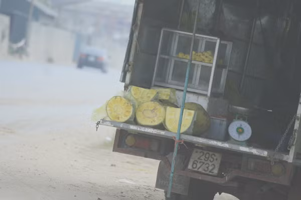 Hàng bán hoa quả ven đường vắng khách vì bụi mù mịt mất vệ sinh