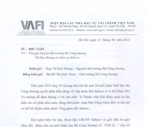 Văn bản của Hiệp hội các nhà đầu tư Tài chính (VAFI) gửi nguyên Bộ trưởng Công Thương Vũ Huy Hoàng và Thứ trưởng Hồ Thị Kim Thoa - ảnh VAFI Văn bản của Hiệp hội các nhà đầu tư Tài chính (VAFI) gửi nguyên Bộ trưởng Công Thương Vũ Huy Hoàng và Thứ trưởng Hồ Thị Kim Thoa - ảnh VAFI