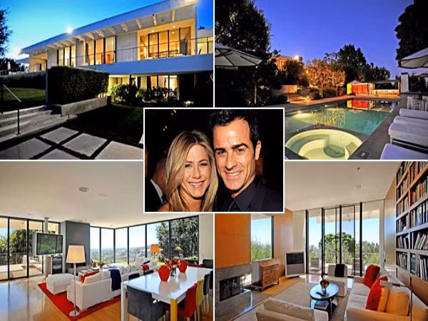 1. Jenifer Aniston và Justin Theroux Địa điểm: Los Angeles Giá bán: 21 triệu USD Căn nhà có diện tích 790 m2, có 4 phòng ngủ và 6 phòng tắm. Ban đầu, nó còn được ‘hét giá” lên đến 24,9 triệu USD. Căn nhà có những bức tường làm bằng kính, và một vườn nho.