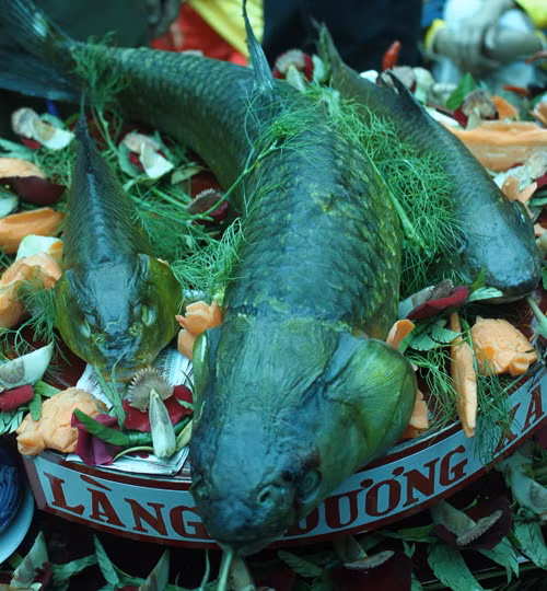 Mâm cỗ được các làng chuẩn bị ở hội đền Trần Thái Bình năm nay được làm từ 3 loại cá: trắm, trôi và chày. Cá được làm cực kỳ ảo diệu, căng phồng đều, không xước một cái vảy. Bên cạnh đó mâm cỗ còn được trang trí thêm bằng một số món được sắp xếp đẹp mắt như giò, nem, canh …