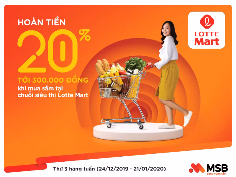 Hoàn tiền 20% tới 300.000 đồng khi mua sắm tại chuỗi siêu thị Lotte Mart. Hoàn tiền 20% tới 300.000 đồng khi mua sắm tại chuỗi siêu thị Lotte Mart.