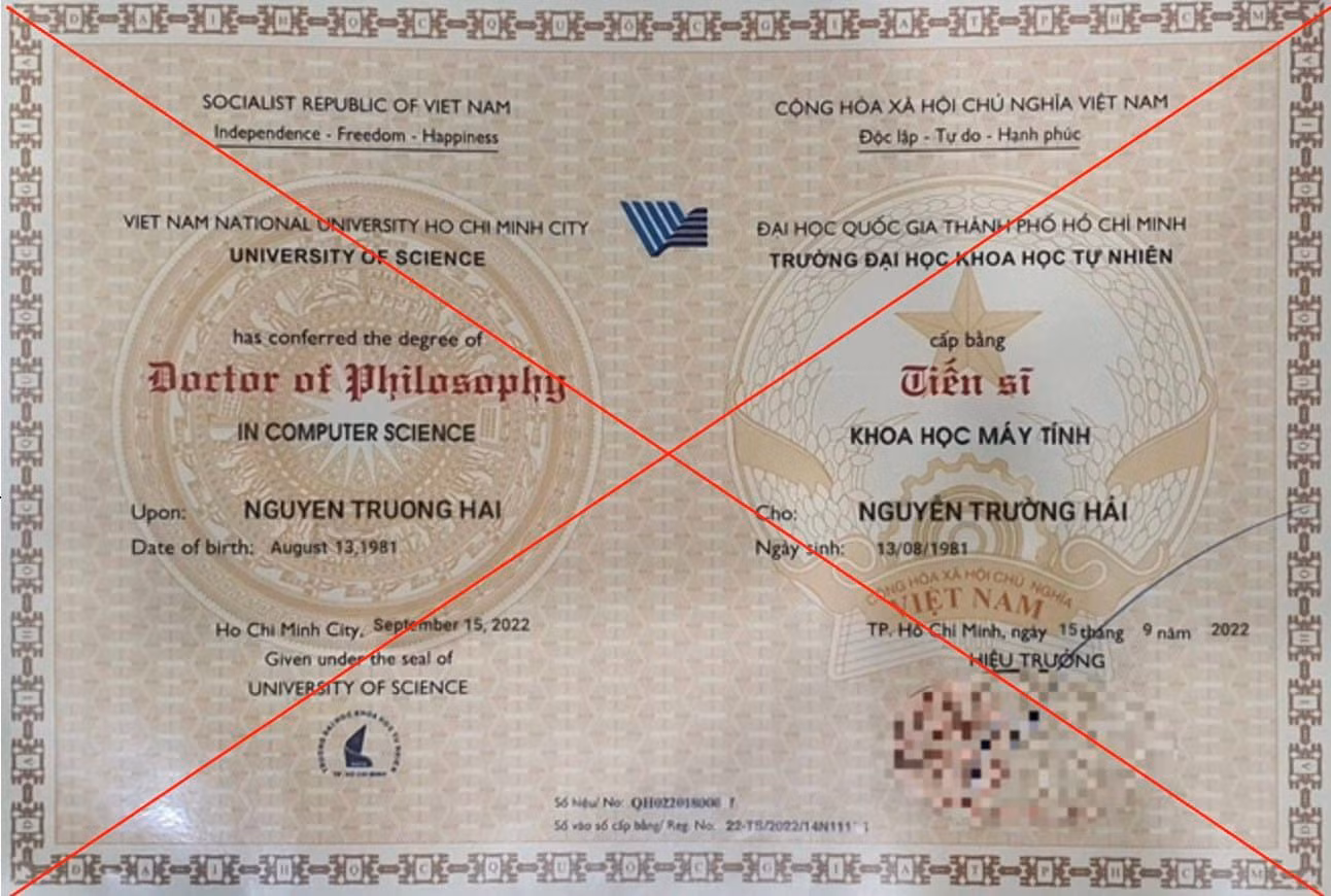 Bằng tiến sĩ của ông Hải được xác định không có trong dữ liệu của nơi cấp bằng (ảnh: CTV)