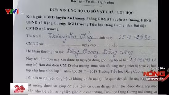 Lạm thu đã biến tướng thành nhiều hình thức "tự nguyện", trên đây là hình ảnh "đơn xin tự nguyện đóng góp" của một phụ huynh ở Đặng Cương, An Dương, Hải Phòng. Ảnh: VTV.vn.