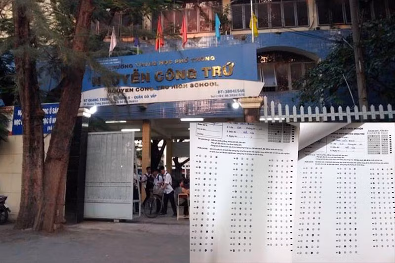 Trường Trung học phổ thông Nguyễn Công Trứ và bài thi trước - sau khi chỉnh sửa (ảnh nhỏ). (Ảnh: H.L) Trường Trung học phổ thông Nguyễn Công Trứ và bài thi trước - sau khi chỉnh sửa (ảnh nhỏ). (Ảnh: H.L)