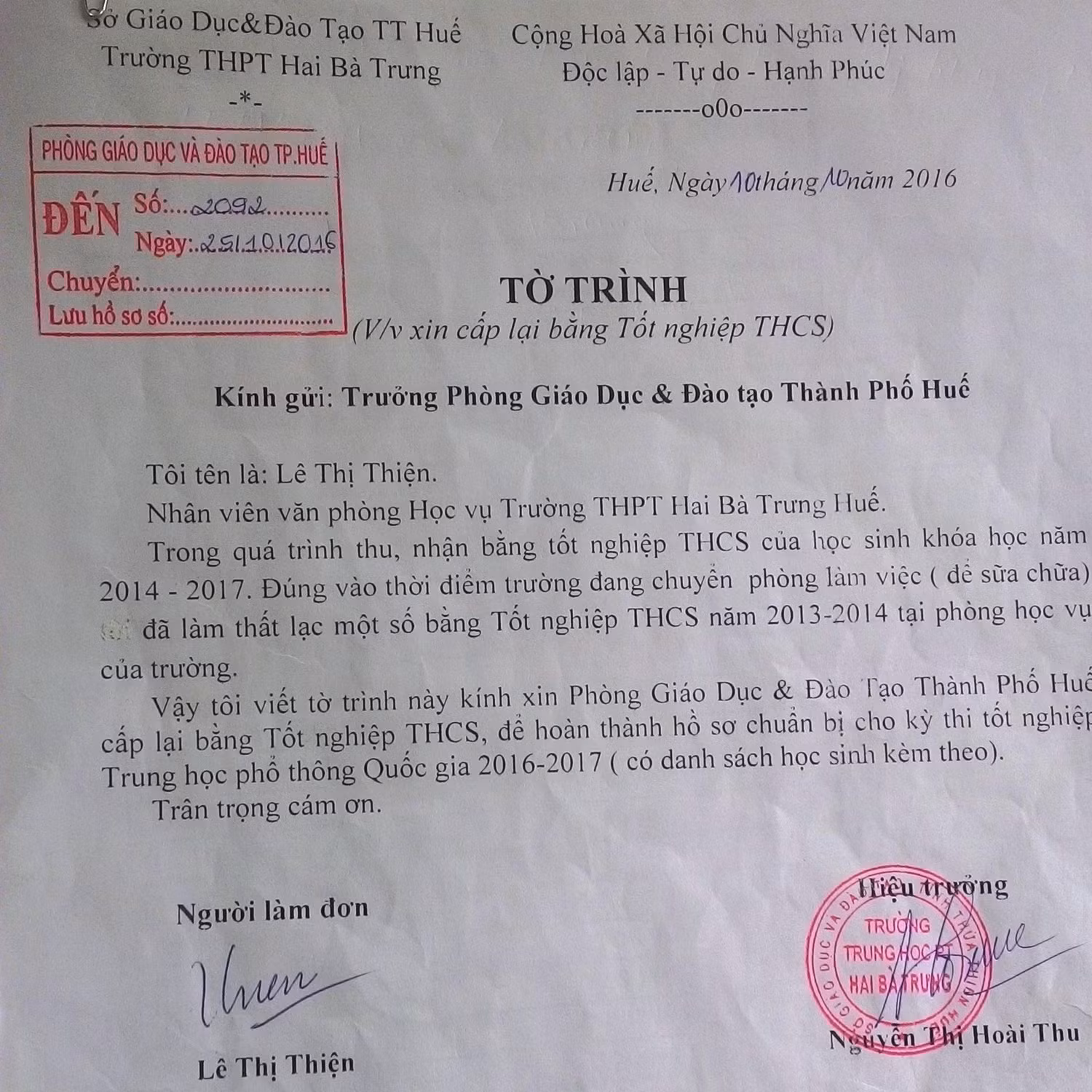 Tờ trình xin cấp lại bằng tốt nghiệp của Trường Trung học phổ thông Hai Bà Trưng (TP.Huế). Ảnh: AN Tờ trình xin cấp lại bằng tốt nghiệp của Trường Trung học phổ thông Hai Bà Trưng (TP.Huế). Ảnh: AN