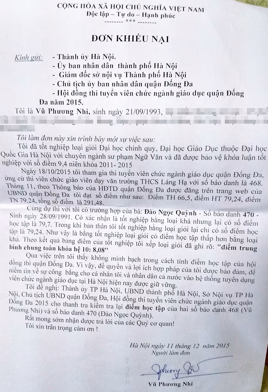 Đơn của thí sinh Vũ Phương Nhi gửi các cơ quan chức năng cầu cứu.