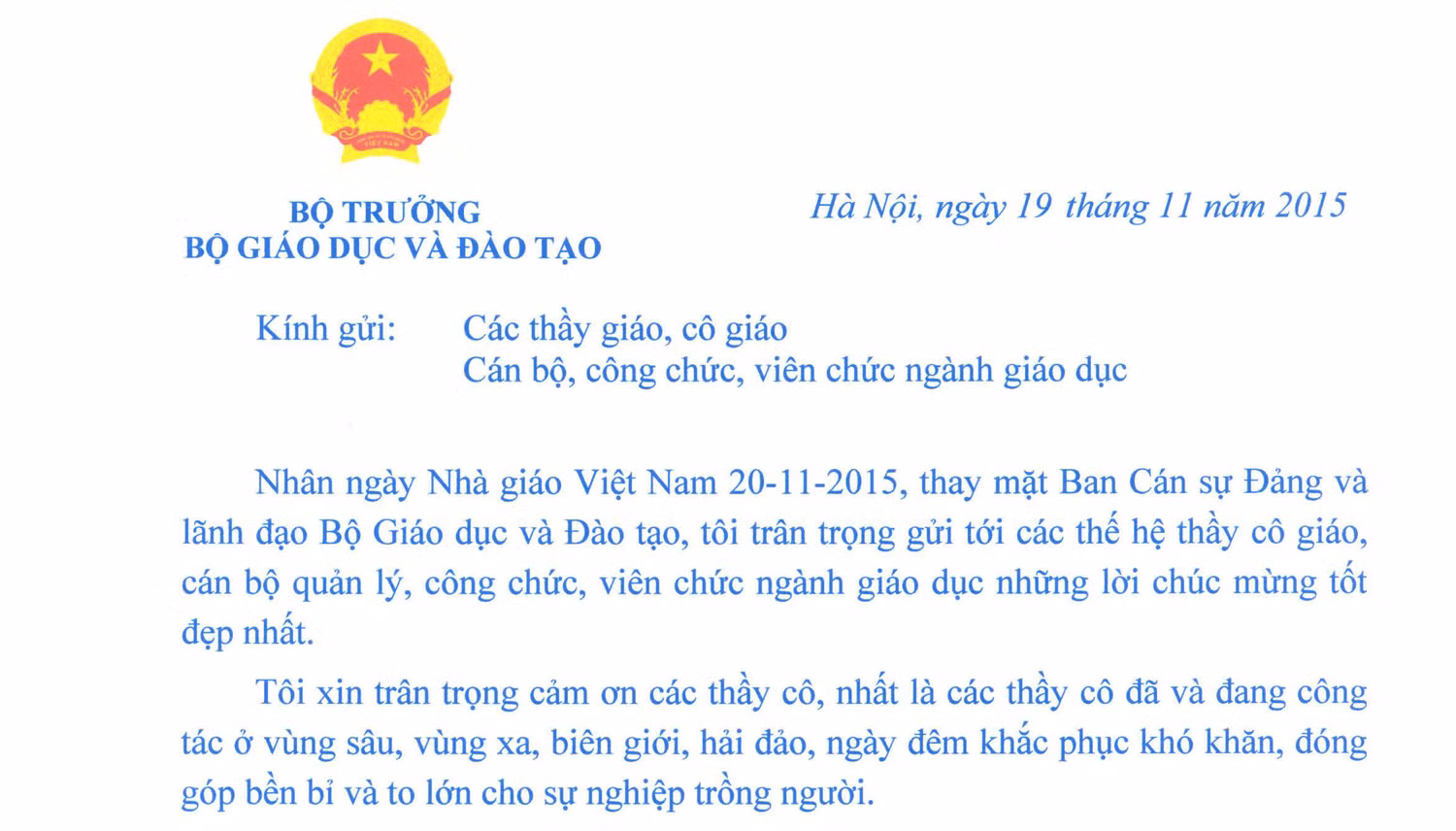 Thư Bộ trưởng Phạm Vũ Luận chúc mừng các thầy cô giáo nhân ngày 20/11.