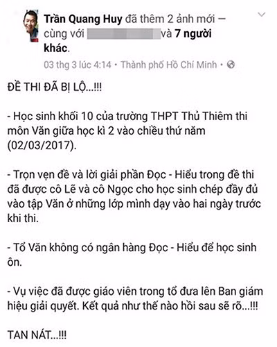 Nội dung trên facebook Trần Quang Huy năm 2017 (ảnh chụp màn hình).