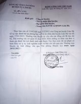 Văn bản chỉ đạo giải quyết vụ việc của Thường trực huyện ủy Lâm Hà đối với những đơn vị có người có mặt tại TAND huyện Lâm Hà Văn bản chỉ đạo giải quyết vụ việc của Thường trực huyện ủy Lâm Hà đối với những đơn vị có người có mặt tại TAND huyện Lâm Hà