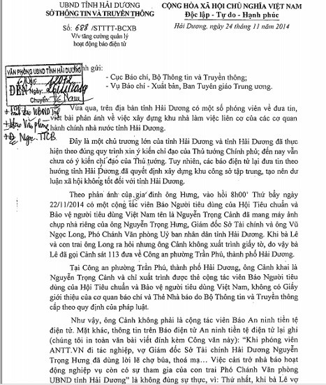 Văn bản bị tố "vu khống báo chí" của Phó GĐ Sở TTTT Hải Dương Vũ Văn Vở (Ảnh: Kienthuc)