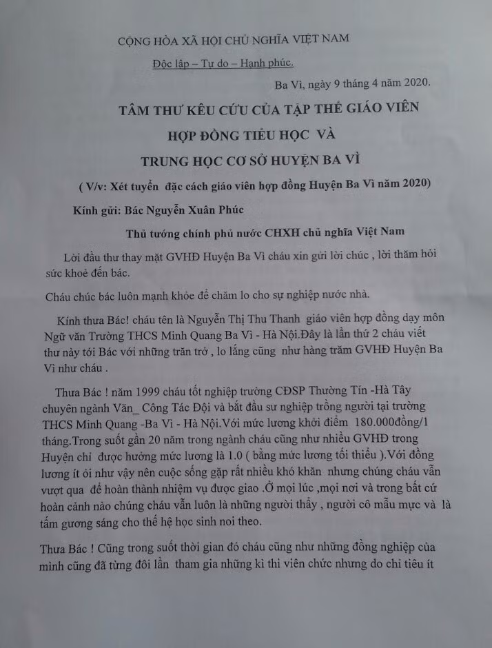 Giáo viên hợp đồng huyện Ba Vì gửi tâm thư đến Thủ tướng Chính phủ Nguyễn Xuân Phúc (Ảnh:V.N) Giáo viên hợp đồng huyện Ba Vì gửi tâm thư đến Thủ tướng Chính phủ Nguyễn Xuân Phúc (Ảnh:V.N)