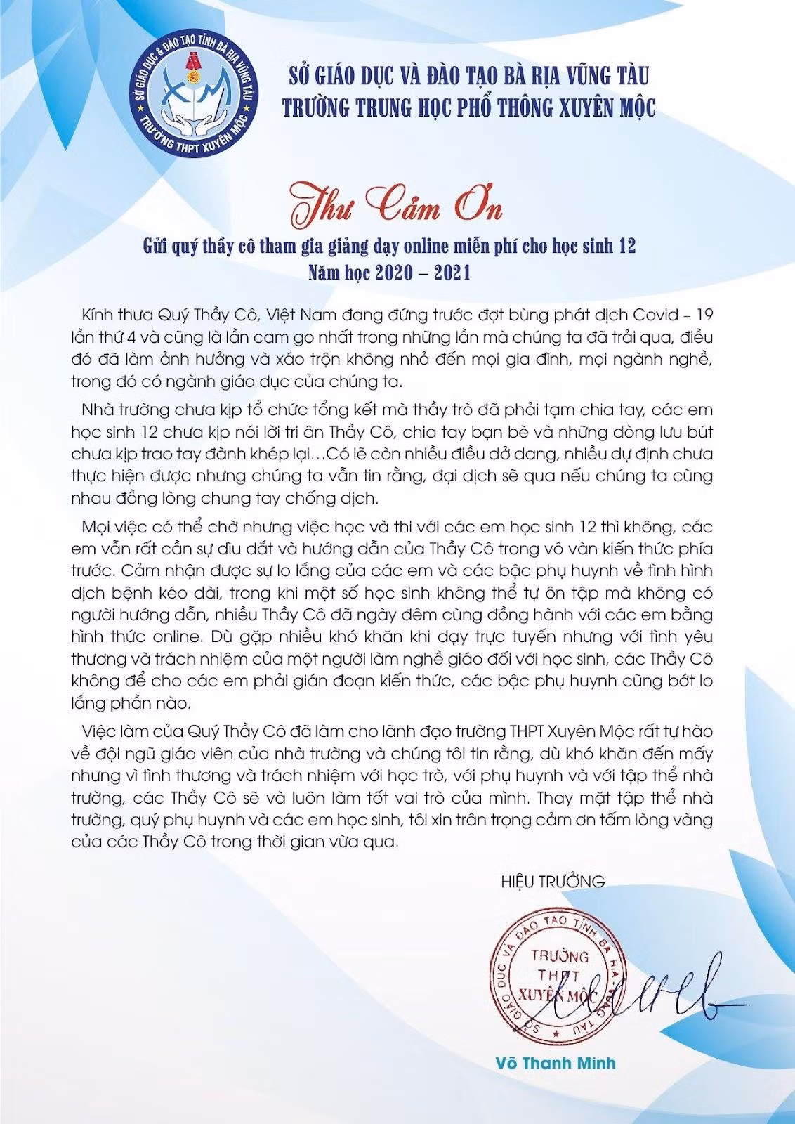 Lãnh đạo trường Trung học phổ thông Xuyên Mộc gửi thư cảm ơn giáo viên dạy thêm trực tuyến miễn phí cho học sinh. (Ảnh chụp màn hình trên Fanpage của nhà trường) Lãnh đạo trường Trung học phổ thông Xuyên Mộc gửi thư cảm ơn giáo viên dạy thêm trực tuyến miễn phí cho học sinh. (Ảnh chụp màn hình trên Fanpage của nhà trường)