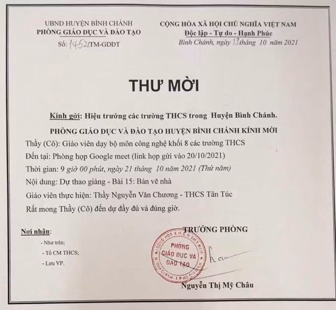Thư mời dự giờ thao giảng online của Phòng Giáo dục và Đào tạo huyện Bình Chánh (Thành phố Hồ Chí Minh). (Ảnh minh họa do tác giả cung cấp) Thư mời dự giờ thao giảng online của Phòng Giáo dục và Đào tạo huyện Bình Chánh (Thành phố Hồ Chí Minh). (Ảnh minh họa do tác giả cung cấp)