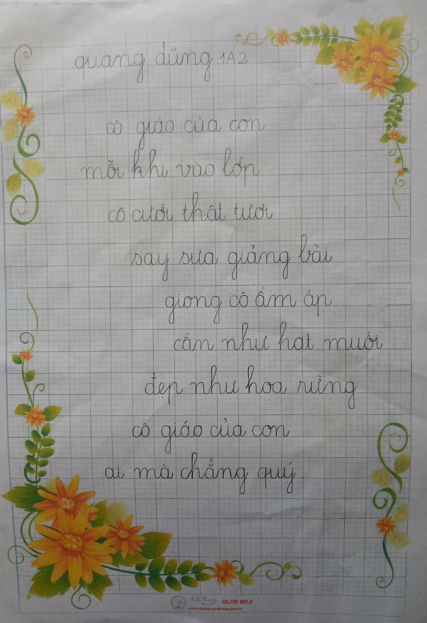 Bài thi "Nét bút tri ân" của một sinh lớp 1 trường Tiểu học Quang Trung. (Ảnh: NTCC)