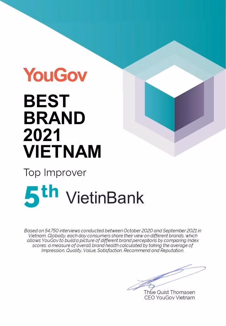 VietinBank nằm trong Top 5 thương hiệu có tăng trưởng nhanh nhất về sức mạnh thương hiệu năm 2021