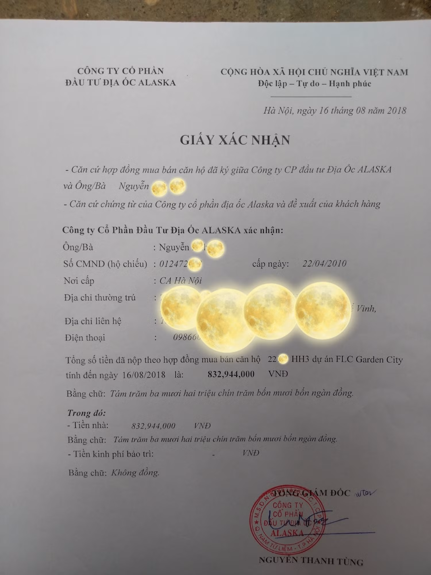 Khách hàng M. cho biết đã nộp số tiền trên 830 triệu đồng cho chủ đầu tư, nhưng chủ đầu tư chậm tiến độ nhiều tháng nay nên quyết định chấm dứt hợp đồng. Ảnh: NVCC.