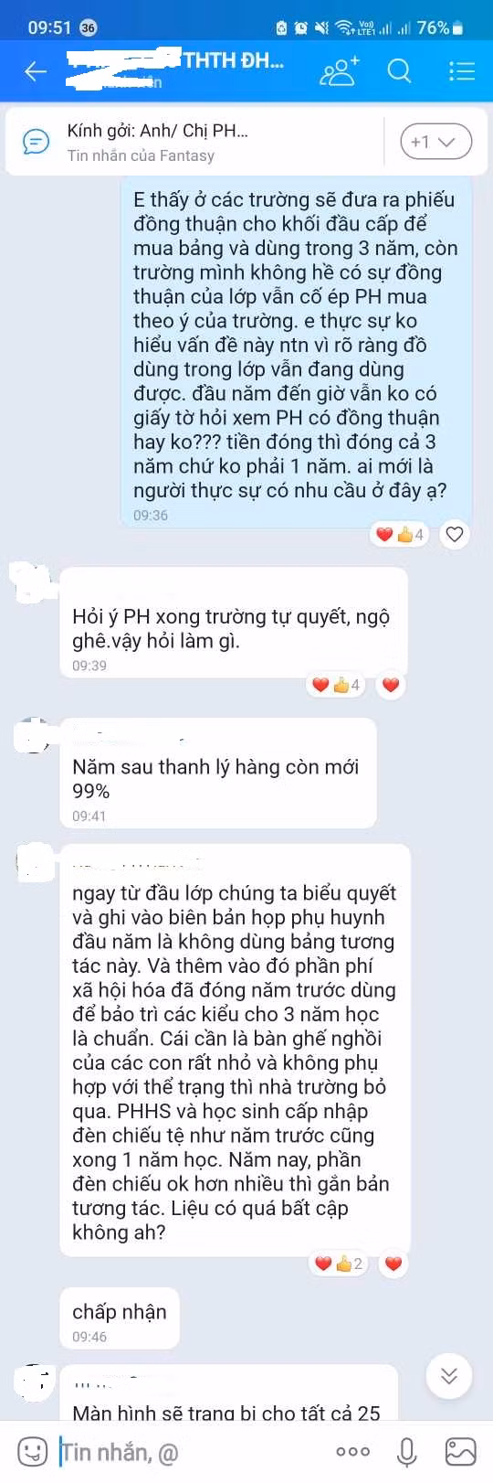 Nhiều phụ huynh phản đối việc thu tiền trong nhóm lớp (Ảnh phụ huynh cung cấp) Nhiều phụ huynh phản đối việc thu tiền trong nhóm lớp (Ảnh phụ huynh cung cấp)