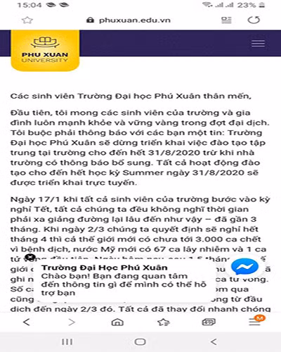 Thông báo của Trường Đại học Phú Xuân được đăng tải công khai trên website (ảnh: P.L)