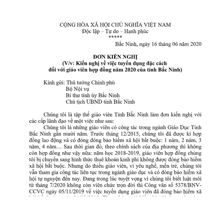 148 giáo viên hợp đồng tỉnh Bắc Ninh gửi đơn kiến nghị đến Bộ Nội vụ (Ảnh:V.N)