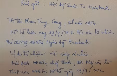 Đơn xin từ nhiệm của ông Cang
