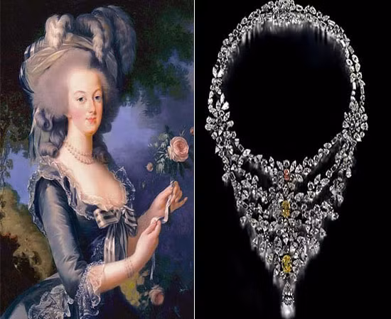 Vòng cổ của Marie Antoinette giá: 3,7 triệu USD (khoảng 76 tỷ đồng). Trang sức đầu tiên và đắt giá nhất trong danh sách này thuộc về Marie Antoinette - con út và là con thứ 15 của hoàng hậu Maria Theresa nước Áo cùng hoàng đế Francis I. Chiếc vòng được làm từ rất nhiều viên kim cương trắng với hai viên kim cương hiếm màu vàng hình ô-van với một viên kim cương hồng ở chính giữa. Những viên kim cương nhỏ trang trí nặng 8,05 carat được gắn trên platinum. Viên kim cương trắng hình quả lê đặt giống như giọt nước rơi chính giữa chiếc vòng cổ nặng 7,06 carat. Hai viên kim cương vàng nặng 5,24 carat.