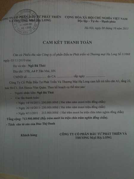 Giấy cam kết trả tiền, Hạ Long chỉ đóng dấu treo