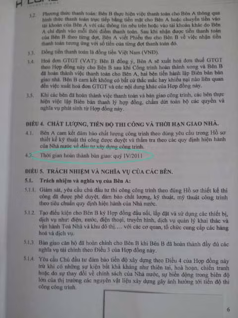 Hợp đồng mua bán của khách hàng với Hạ Long có quy định thời gian bàn giao căn hộ.