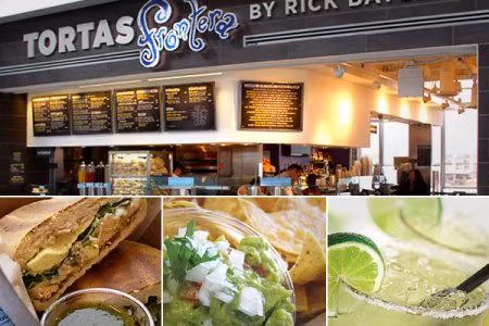 Nhà hàng Tortas Frontera, địa điểm: Sân bay quốc tế O’Hare, Chicago. Thực đơn đặc trưng: Bánh kẹp thịt gà, các loại nước ép theo phong cách Mexico. Giá trung bình: Khoảng 5-9 USD một món. Nhà hàng do đầu bếp Rich Bayless nổi tiếng với các món ăn Mexico quản lý. Dù nhiều người phàn nàn về tốc độ phục vụ, quán ăn này vẫn là điểm hút khách nhất tại sân bay O’Hare. Nhà hàng Tortas Frontera, địa điểm: Sân bay quốc tế O’Hare, Chicago. Thực đơn đặc trưng: Bánh kẹp thịt gà, các loại nước ép theo phong cách Mexico. Giá trung bình: Khoảng 5-9 USD một món. Nhà hàng do đầu bếp Rich Bayless nổi tiếng với các món ăn Mexico quản lý. Dù nhiều người phàn nàn về tốc độ phục vụ, quán ăn này vẫn là điểm hút khách nhất tại sân bay O’Hare.