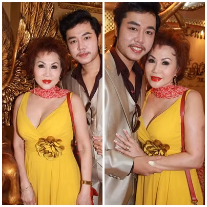 Ngay lần đầu tiên xuất hiện và gây sốt với mối tình 'trâu già gặm cỏ non', Yvonne Thúy Hoàng mặc một chiếc váy vàng vô cùng sexy và đeo chiếc khăn voan màu đỏ