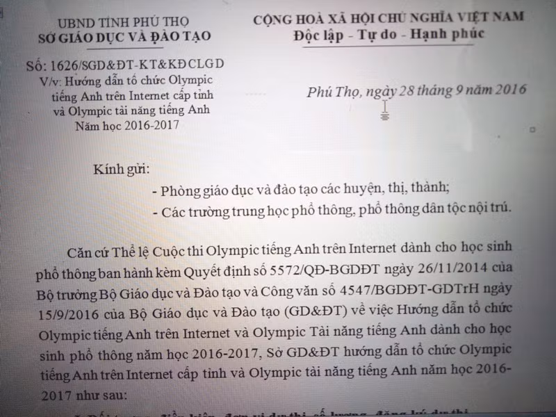 Công văn số 1626/SGD&ĐT – KH&KĐCLGD về việc hướng dẫn tổ chức thi Olympic tiếng Anh trên Internet cấp tỉnh và Olympic tài năng tiếng Anh năm học 2016 – 2017 (ảnh HC) Công văn số 1626/SGD&ĐT – KH&KĐCLGD về việc hướng dẫn tổ chức thi Olympic tiếng Anh trên Internet cấp tỉnh và Olympic tài năng tiếng Anh năm học 2016 – 2017 (ảnh HC)