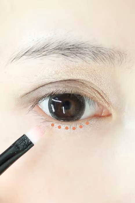 Tiếp đó sử dụng nền phấn trắng đánh lên 2/3 mí mắt dưới từ hốc mắt ra giữa. Chú ý không nên đánh quá gần hốc mắt. Xem thêm: Nghệ thuật trang điểm/ Bí quyết mặc đẹp