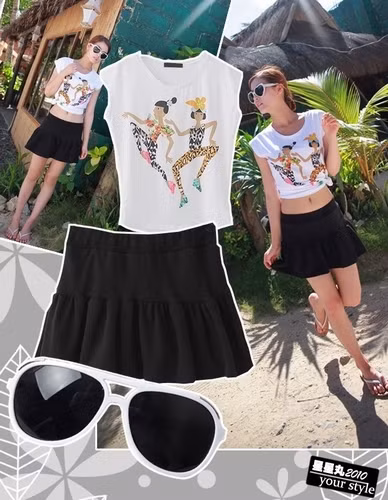 Váy ngắn cùng ao phông, thời trang dù đi dạo hay tắm biển đều phù hợp. Xem thêm: Ngọc Trinh ""chịu khó" khoe da trắng, vai thon với váy hè sành điệu