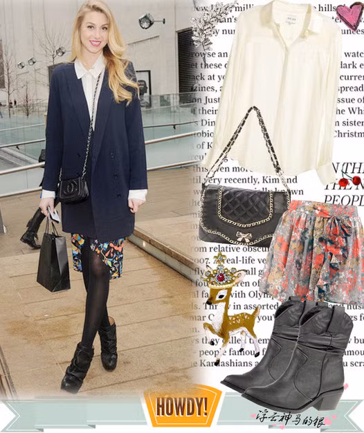 Whitney Port với sơ mi trắng, váy hoa và áo khoác dài.