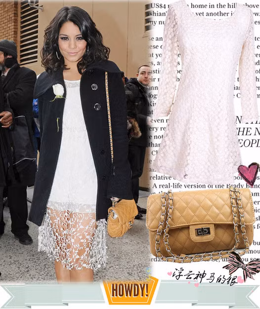 Vanessa Hudgens với váy ren trắng gợi cảm thêm áo khoác để giữ ấm cho mùa đông.